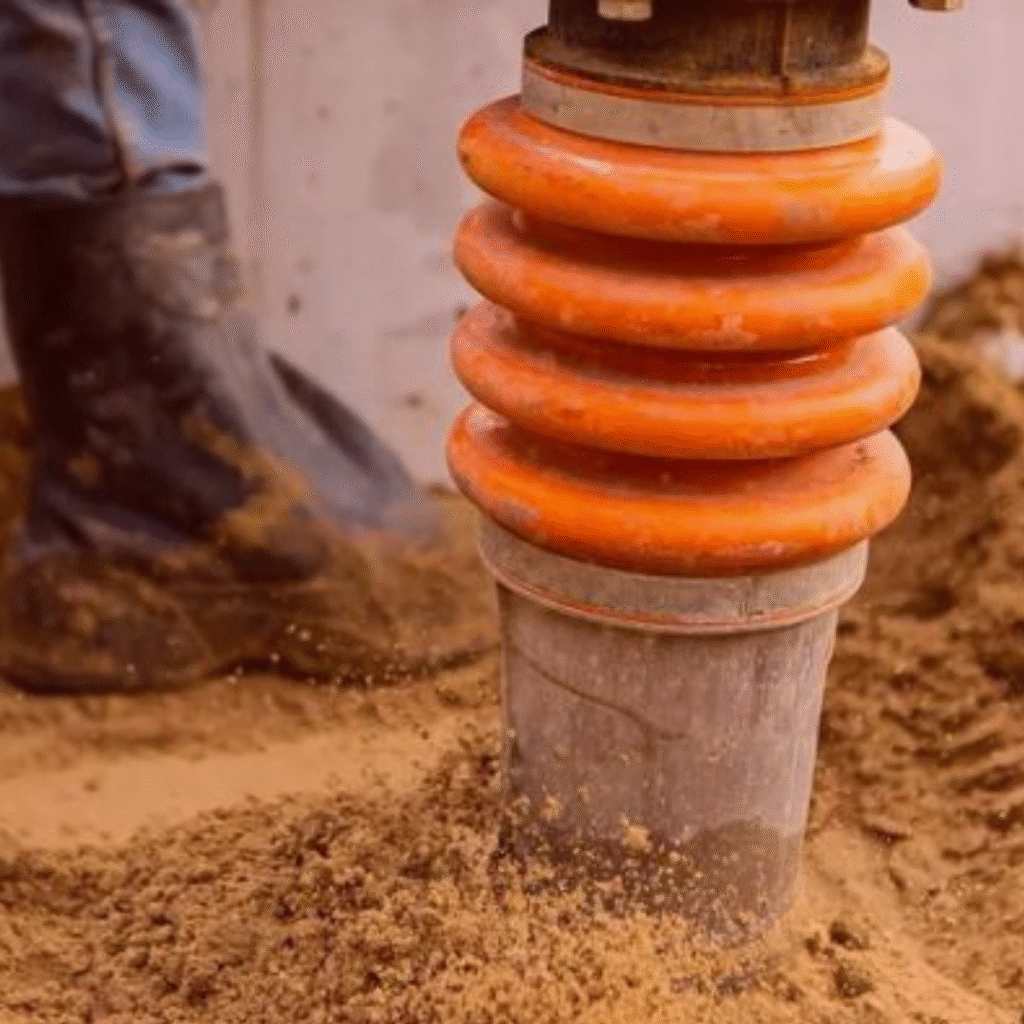 Operário utilizando compactador de solo a gasolina em obra de fundação no Pará
